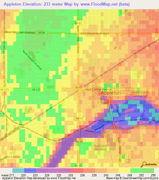 Appleton,US Elevation Map