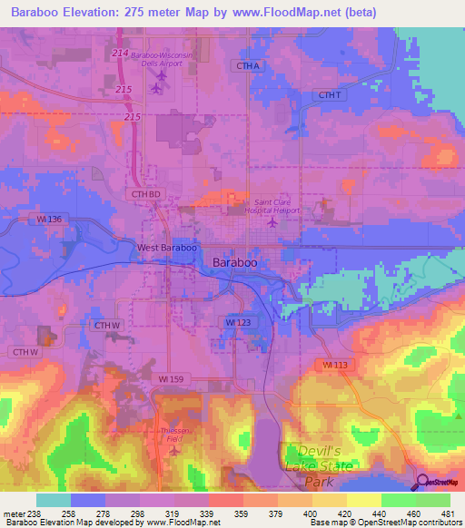 Baraboo,US Elevation Map