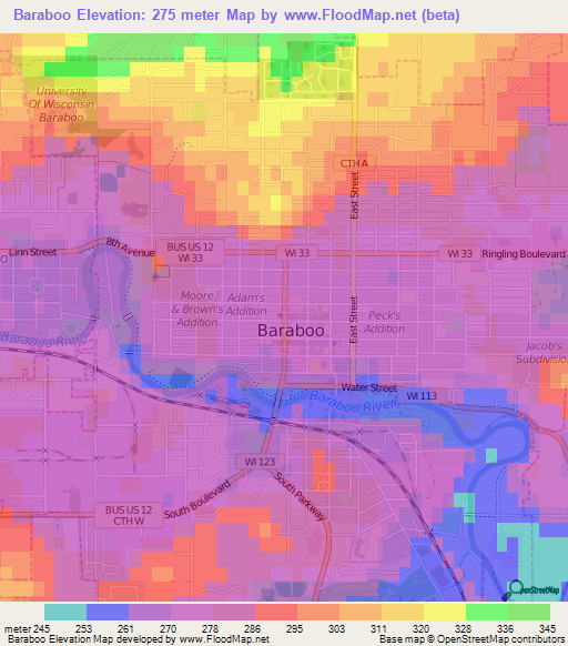 Baraboo,US Elevation Map