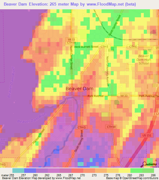 Beaver Dam,US Elevation Map