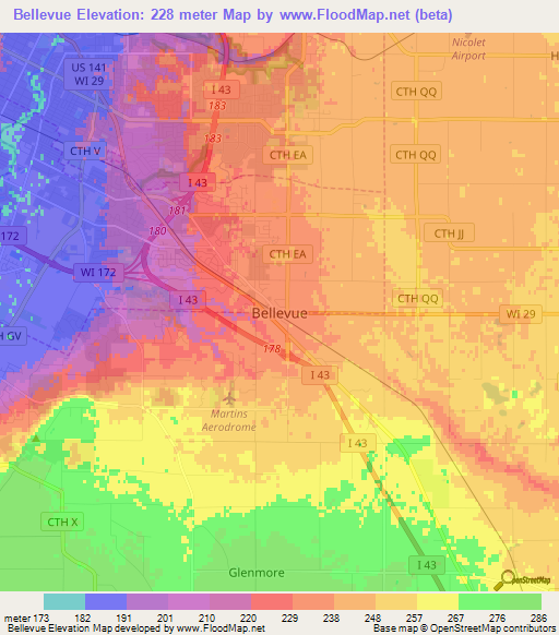 Bellevue,US Elevation Map