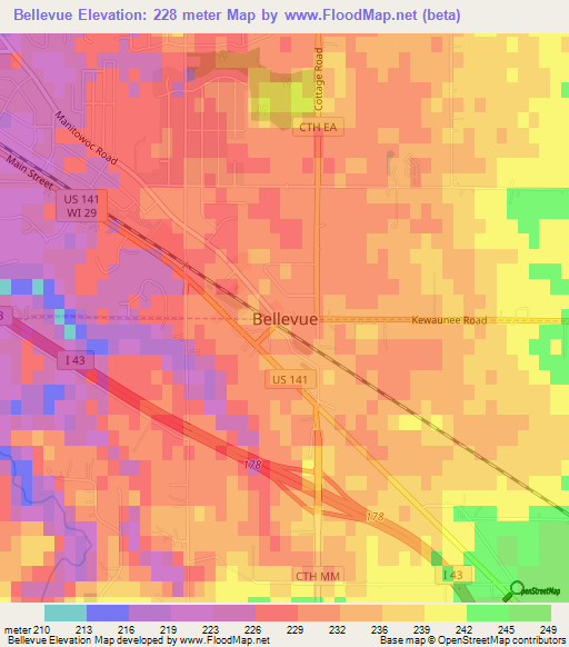 Bellevue,US Elevation Map