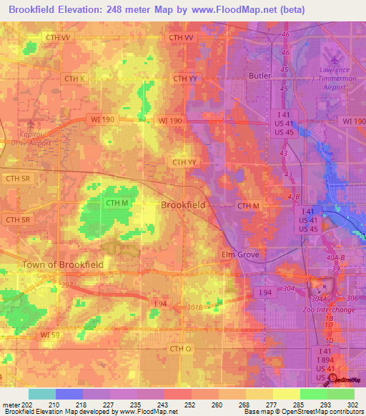 Brookfield,US Elevation Map