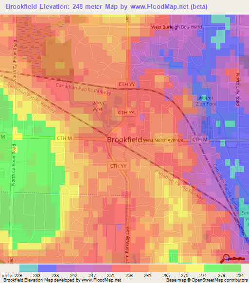 Brookfield,US Elevation Map