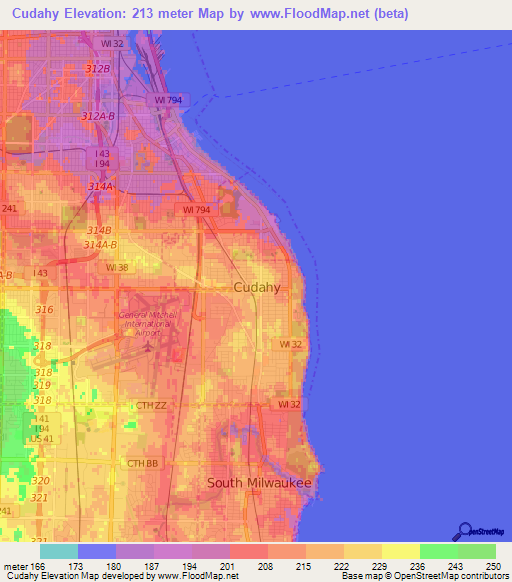 Cudahy,US Elevation Map