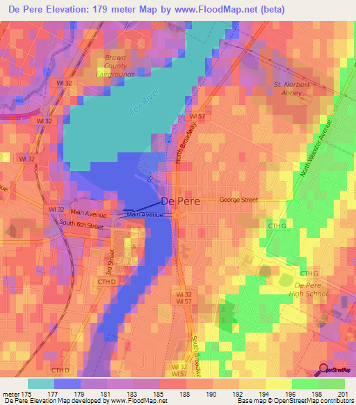 De Pere,US Elevation Map