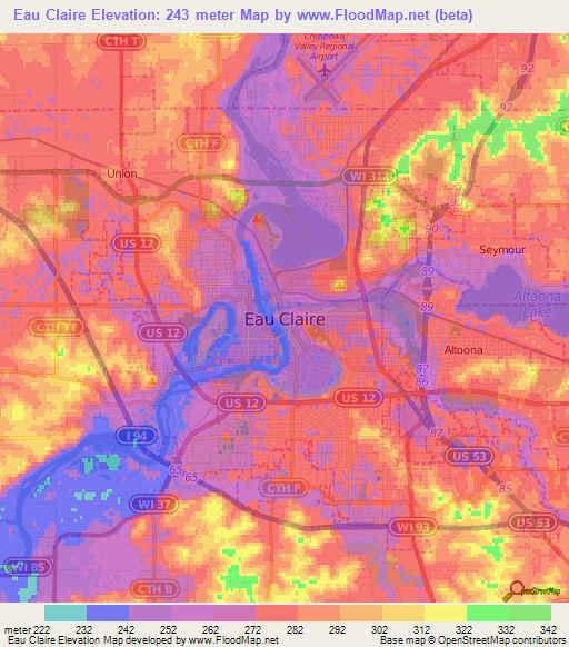 Eau Claire,US Elevation Map