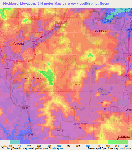 Fitchburg,US Elevation Map