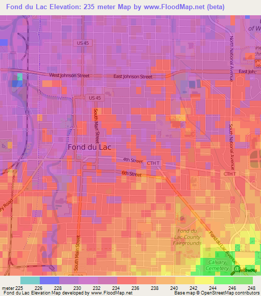 Fond du Lac,US Elevation Map