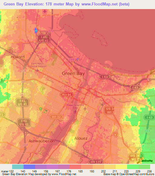 Green Bay,US Elevation Map