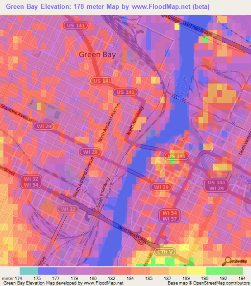 Green Bay,US Elevation Map