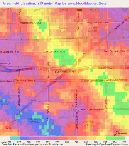 Greenfield,US Elevation Map