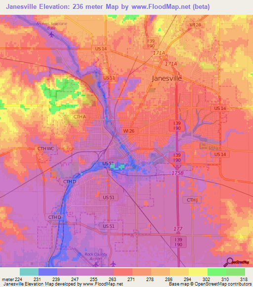 Janesville,US Elevation Map