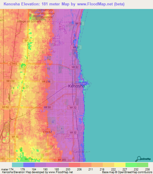 Kenosha,US Elevation Map