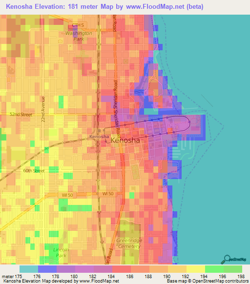 Kenosha,US Elevation Map