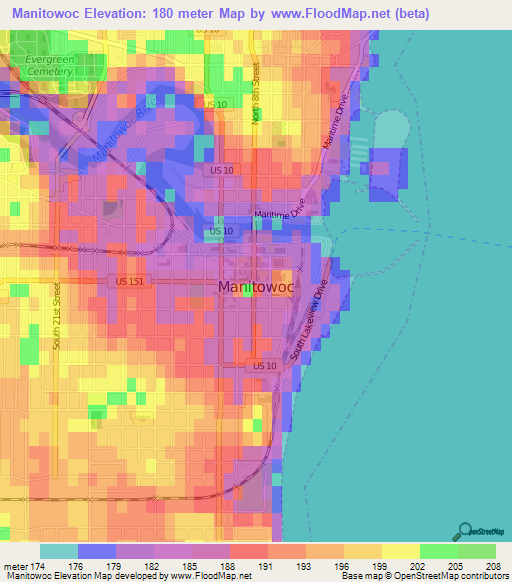 Manitowoc,US Elevation Map