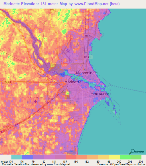 Marinette,US Elevation Map