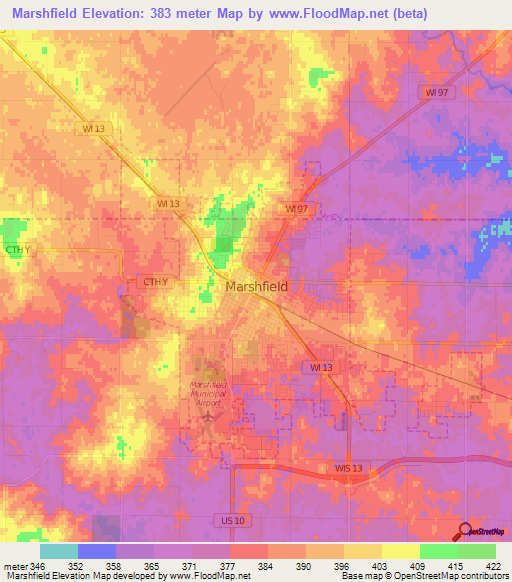 Marshfield,US Elevation Map