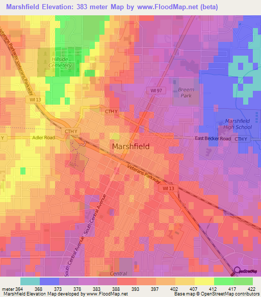 Marshfield,US Elevation Map