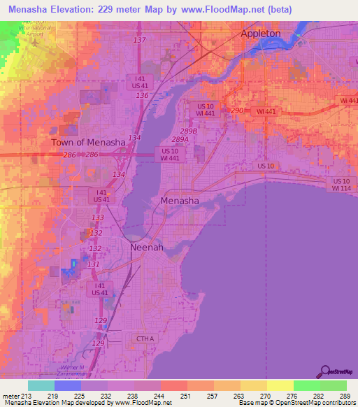 Menasha,US Elevation Map