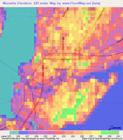 Menasha,US Elevation Map