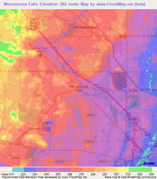 Menomonee Falls,US Elevation Map