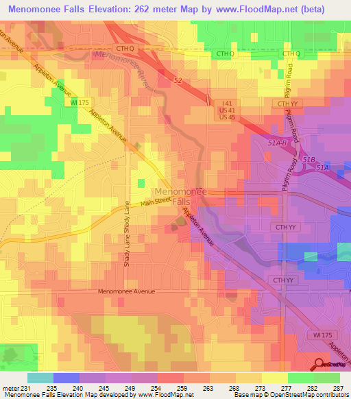 Menomonee Falls,US Elevation Map