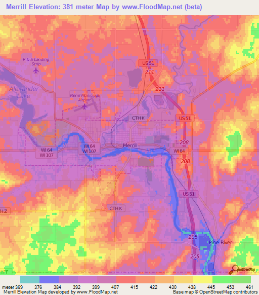 Merrill,US Elevation Map