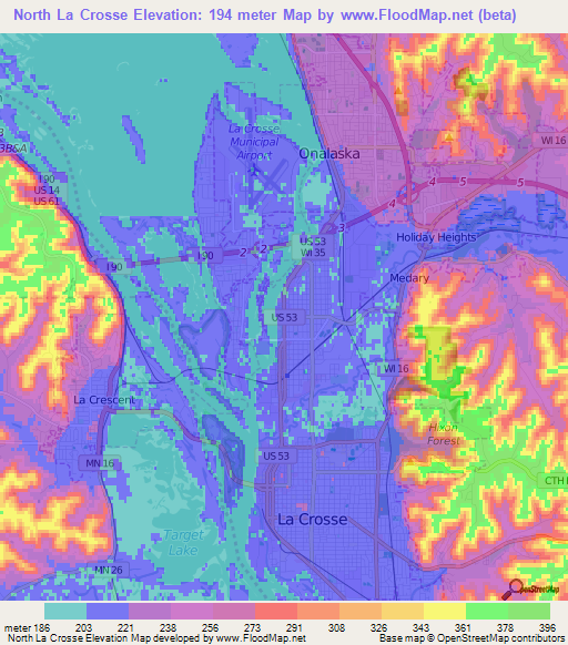 North La Crosse,US Elevation Map