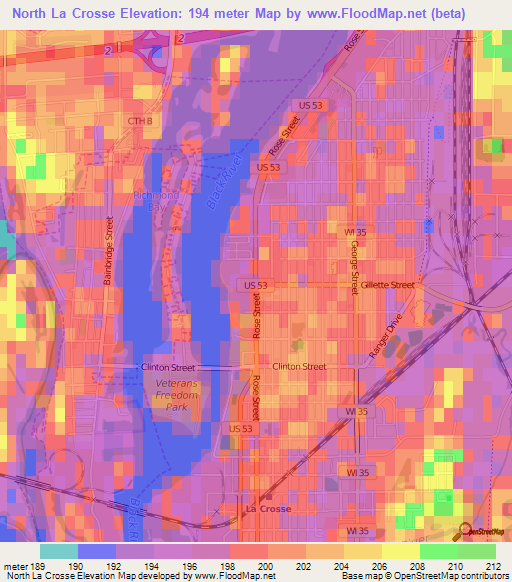 North La Crosse,US Elevation Map