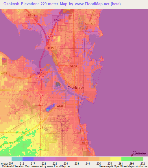 Oshkosh,US Elevation Map