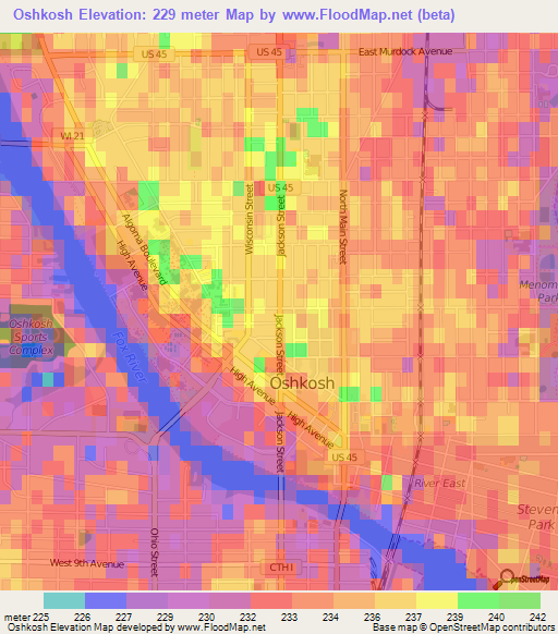 Oshkosh,US Elevation Map