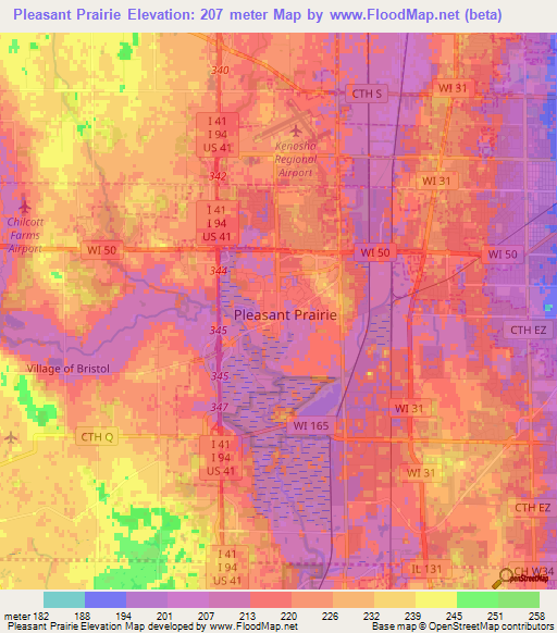 Pleasant Prairie,US Elevation Map