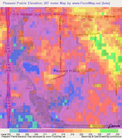 Pleasant Prairie,US Elevation Map