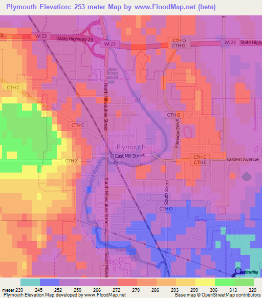 Plymouth,US Elevation Map