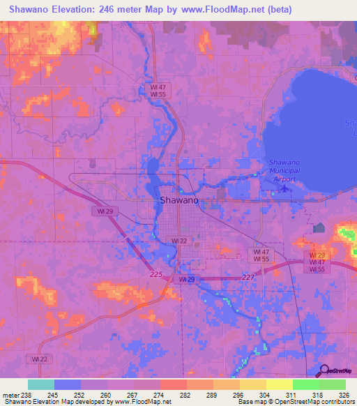 Shawano,US Elevation Map