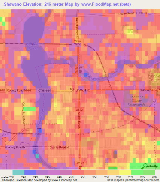 Shawano,US Elevation Map