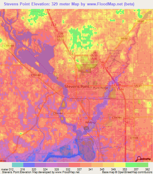 Stevens Point,US Elevation Map