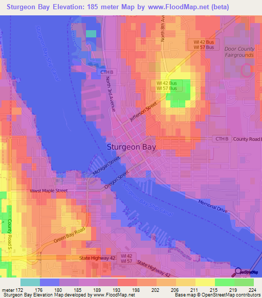 Sturgeon Bay,US Elevation Map