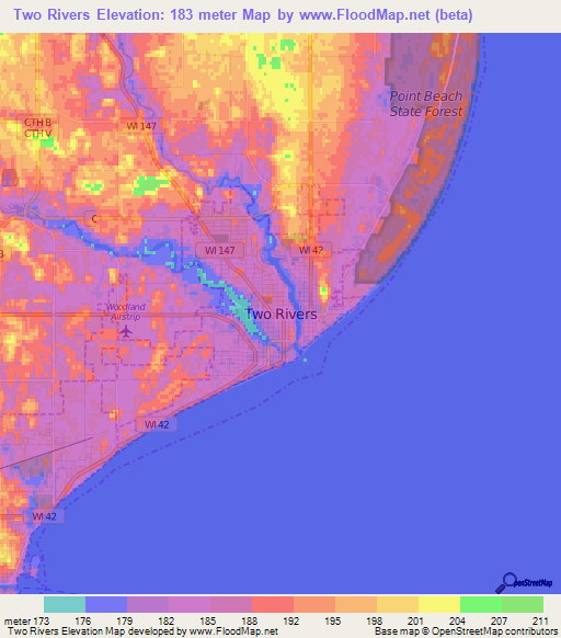 Two Rivers,US Elevation Map