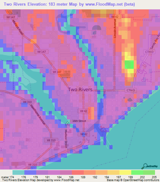 Two Rivers,US Elevation Map