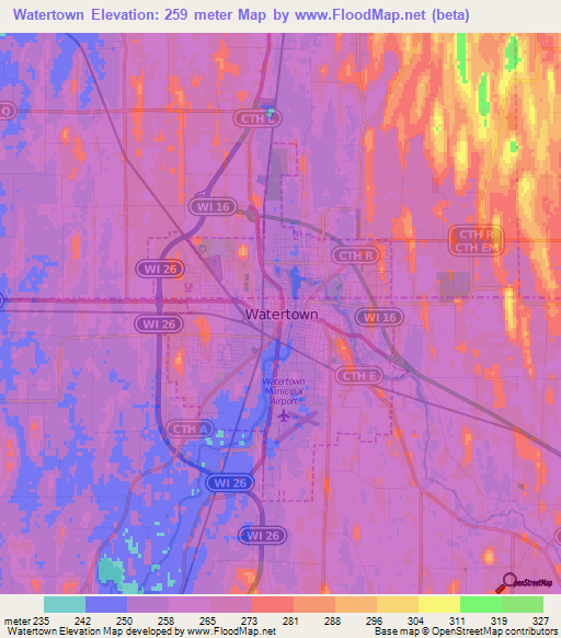 Watertown,US Elevation Map