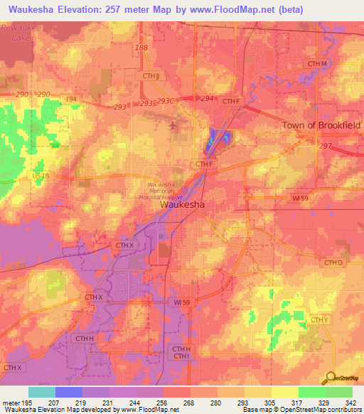 Waukesha,US Elevation Map