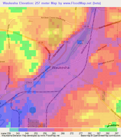 Waukesha,US Elevation Map