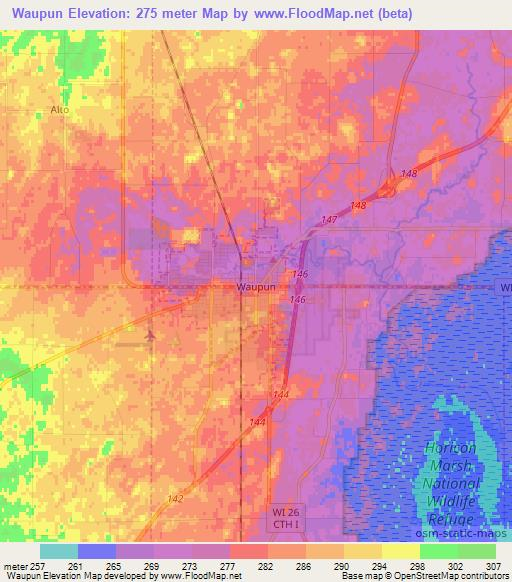 Waupun,US Elevation Map