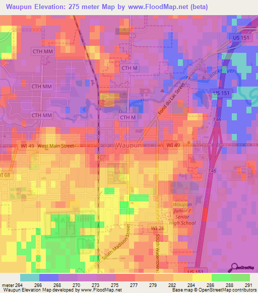 Waupun,US Elevation Map