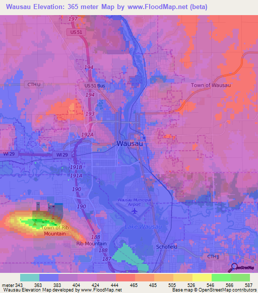 Wausau,US Elevation Map