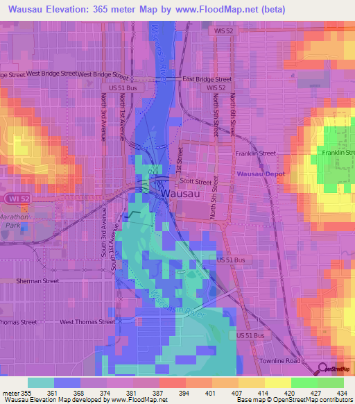 Wausau,US Elevation Map