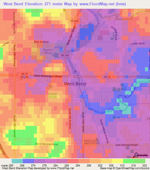 West Bend,US Elevation Map