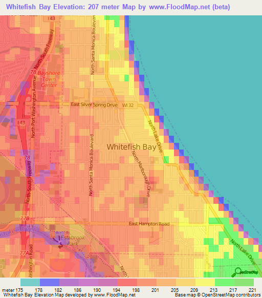 Whitefish Bay,US Elevation Map